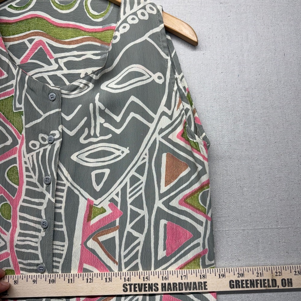 VTG Tribal Mask Print Rayon Shift Dress Grey Pink Sleeveless Button Down NWT M‎ - Picture 9 of 12